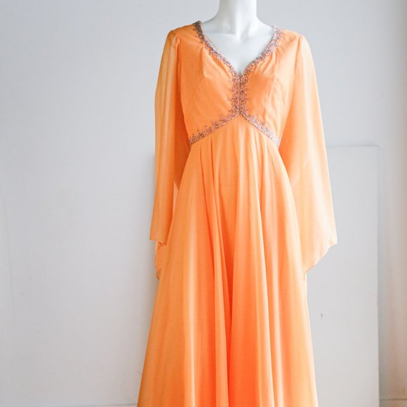 Vintage Empire Waist Beaded Wizard Sleeve Gown - Picture 4 of 10